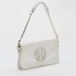 Tory Burch Metallic Silver Leather Reva Chain Clutch