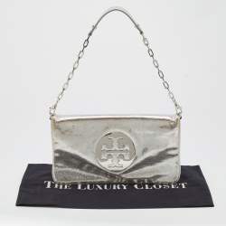 Tory Burch Metallic Silver Leather Reva Chain Clutch
