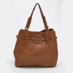 Pre Owned Tory Burch Brown Leather Amanda Logo Tote