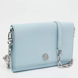 Pre Owned Tory Burch Light Blue Leather Robinson Wallet On Chain