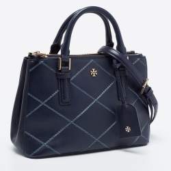 Pre Owned Tory Burch Navy Blue Quilt Stitched Leather Robinson Tote