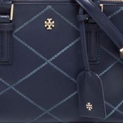 Pre Owned Tory Burch Navy Blue Quilt Stitched Leather Robinson Tote