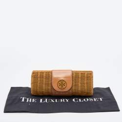 Pre Owned Tory Burch Tan/Beige Woven Rattan and Patent Leather Clutch