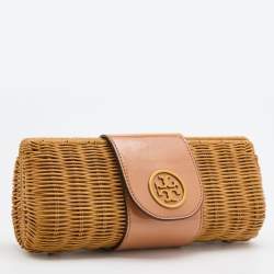 Pre Owned Tory Burch Tan/Beige Woven Rattan and Patent Leather Clutch