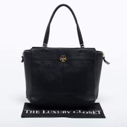 Pre Owned Tory Burch Black Textured Leather Ivy Side Zip Tote