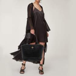 Pre Owned Tory Burch Black Textured Leather Ivy Side Zip Tote