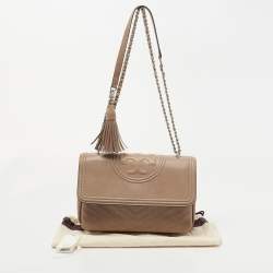 Pre Owned Tory Burch Beige Leather Fleming Shoulder Bag