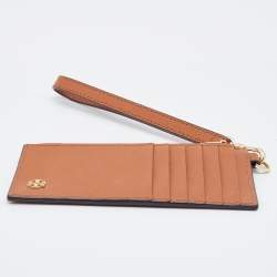 Pre Owned Tory Burch Brown Saffiano Leather Miller Top Zip Card Case