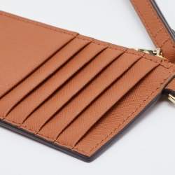 Pre Owned Tory Burch Brown Saffiano Leather Miller Top Zip Card Case