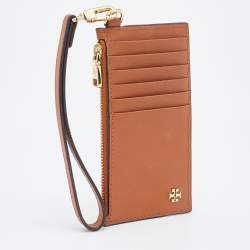 Pre Owned Tory Burch Brown Saffiano Leather Miller Top Zip Card Case