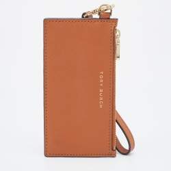 Pre Owned Tory Burch Brown Saffiano Leather Miller Top Zip Card Case