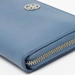 Pre Owned Tory Burch Blue Leather Robinson Zip Around Wallet