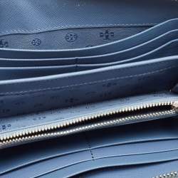 Pre Owned Tory Burch Blue Leather Robinson Zip Around Wallet