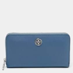 Pre Owned Tory Burch Blue Leather Robinson Zip Around Wallet