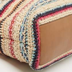 Pre Owned Tory Burch Multicolor Stripe Raffia and Leather Marion Tote