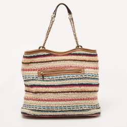 Pre Owned Tory Burch Multicolor Stripe Raffia and Leather Marion Tote