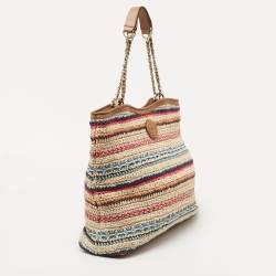 Pre Owned Tory Burch Multicolor Stripe Raffia and Leather Marion Tote