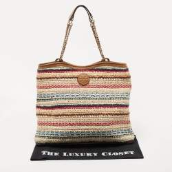 Pre Owned Tory Burch Multicolor Stripe Raffia and Leather Marion Tote
