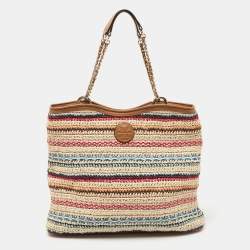 Tory Burch Multicolor Stripe Raffia and Leather Marion Tote Tory Burch