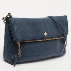 Pre Owned Tory Burch Blue Leather Foldover Crossbody Bag