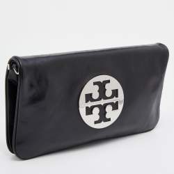 Pre Owned Tory Burch Black Leather Reva Flap Clutch
