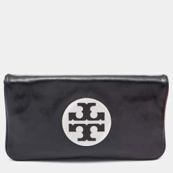 Pre Owned Tory Burch Black Leather Reva Flap Clutch