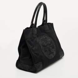 Pre Owned Tory Burch Black Nylon and Python Embossed Suede Ella Tote