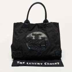 Pre Owned Tory Burch Black Nylon and Python Embossed Suede Ella Tote