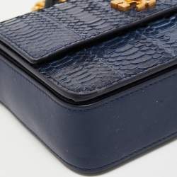 Pre Owned Tory Burch Royal Navy Blue Snake Skin and Leather Mini Kira Shoulder Bag