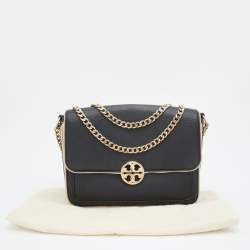 Pre Owned Tory Burch Black/White Leather Chelsea Flap Chain Shoulder Bag