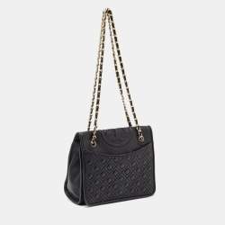 Pre Owned Tory Burch Black Quilted Leather Medium Fleming Shoulder Bag