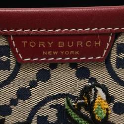 Pre Owned Tory Burch Burgundy Embroidered T Monogram Canvas and Leather Large Perry Tote
