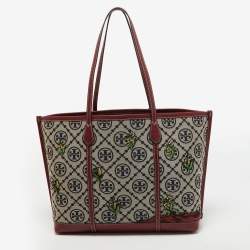 Pre Owned Tory Burch Burgundy Embroidered T Monogram Canvas and Leather Large Perry Tote