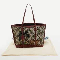 Pre Owned Tory Burch Burgundy Embroidered T Monogram Canvas and Leather Large Perry Tote