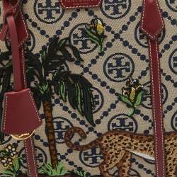 Pre Owned Tory Burch Burgundy Embroidered T Monogram Canvas and Leather Large Perry Tote