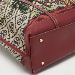 Pre Owned Tory Burch Burgundy Embroidered T Monogram Canvas and Leather Large Perry Tote