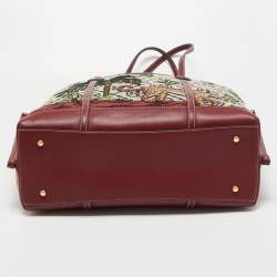 Pre Owned Tory Burch Burgundy Embroidered T Monogram Canvas and Leather Large Perry Tote
