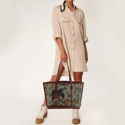 Pre Owned Tory Burch Burgundy Embroidered T Monogram Canvas and Leather Large Perry Tote