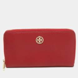 Pre Owned Tory Burch Red Saffiano Leather Robinson Zip Around Wallet