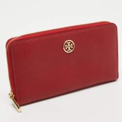 Pre Owned Tory Burch Red Saffiano Leather Robinson Zip Around Wallet