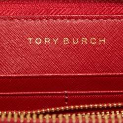 Pre Owned Tory Burch Red Saffiano Leather Robinson Zip Around Wallet