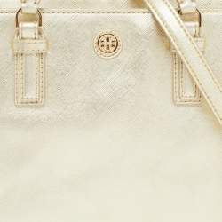 Pre Owned Tory Burch Gold Leather Robinson Top Zip Tote
