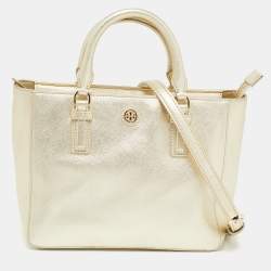Pre Owned Tory Burch Gold Leather Robinson Top Zip Tote