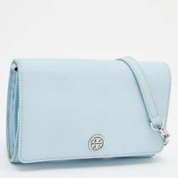 Pre Owned Tory Burch Light Blue Saffiano Leather Robinson Wallet On Chain