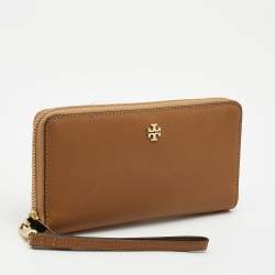Pre Owned Tory Burch Tan Saffiano Leather Emerson Wristlet Wallet