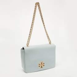 Pre Owned Tory Burch Sky Blue Leather Large Britten Flap Shoulder Bag