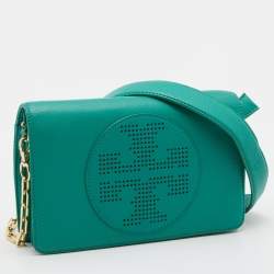 Pre Owned Tory Burch Green Leather Perforated Kipp Crossbody Bag