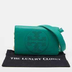 Pre Owned Tory Burch Green Leather Perforated Kipp Crossbody Bag