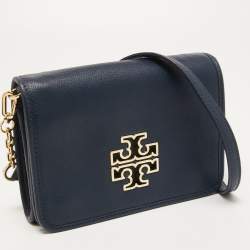Pre Owned Tory Burch Dark Blue Leather Britten Flap Crossbody Bag