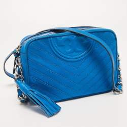 Pre Owned Tory Burch Blue Chevron Leather Fleming Camera Crossbody Bag
